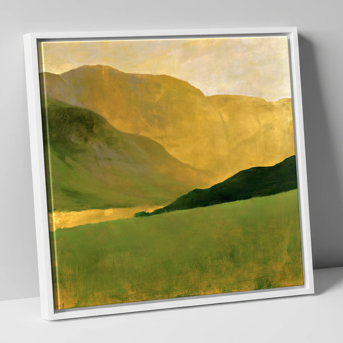 Golden Fells And Green Valley lake district valley canvas wall art in white frame