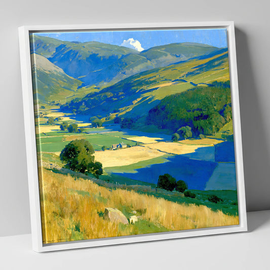 Golden Patchwork in the Dale lake district valley canvas wall art in white frame