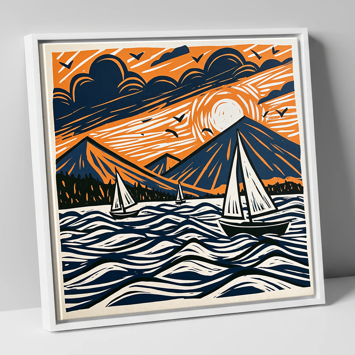 Sunset Sailboats on Derwentwater lake district lake canvas wall art in white frame