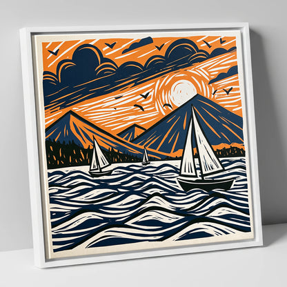Sunset Sailboats on Derwentwater lake district lake canvas wall art in white frame