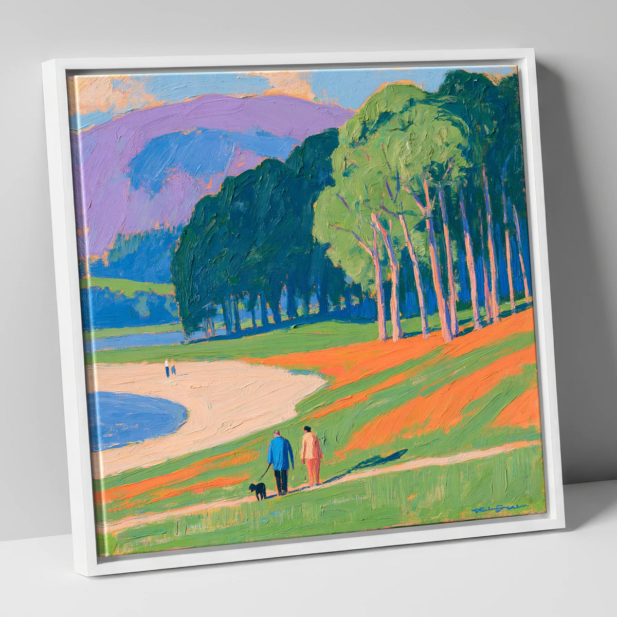 Vibrant Ambleside Dog Walk gifts for dog walkers canvas wall art in white frame
