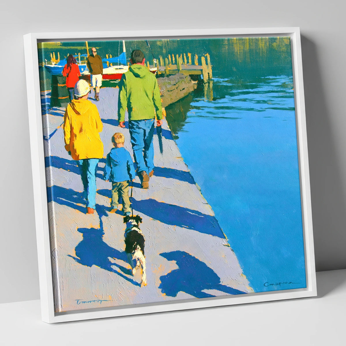Vibrant Ambleside Family Dog Walk gifts for dog walkers canvas wall art in white frame