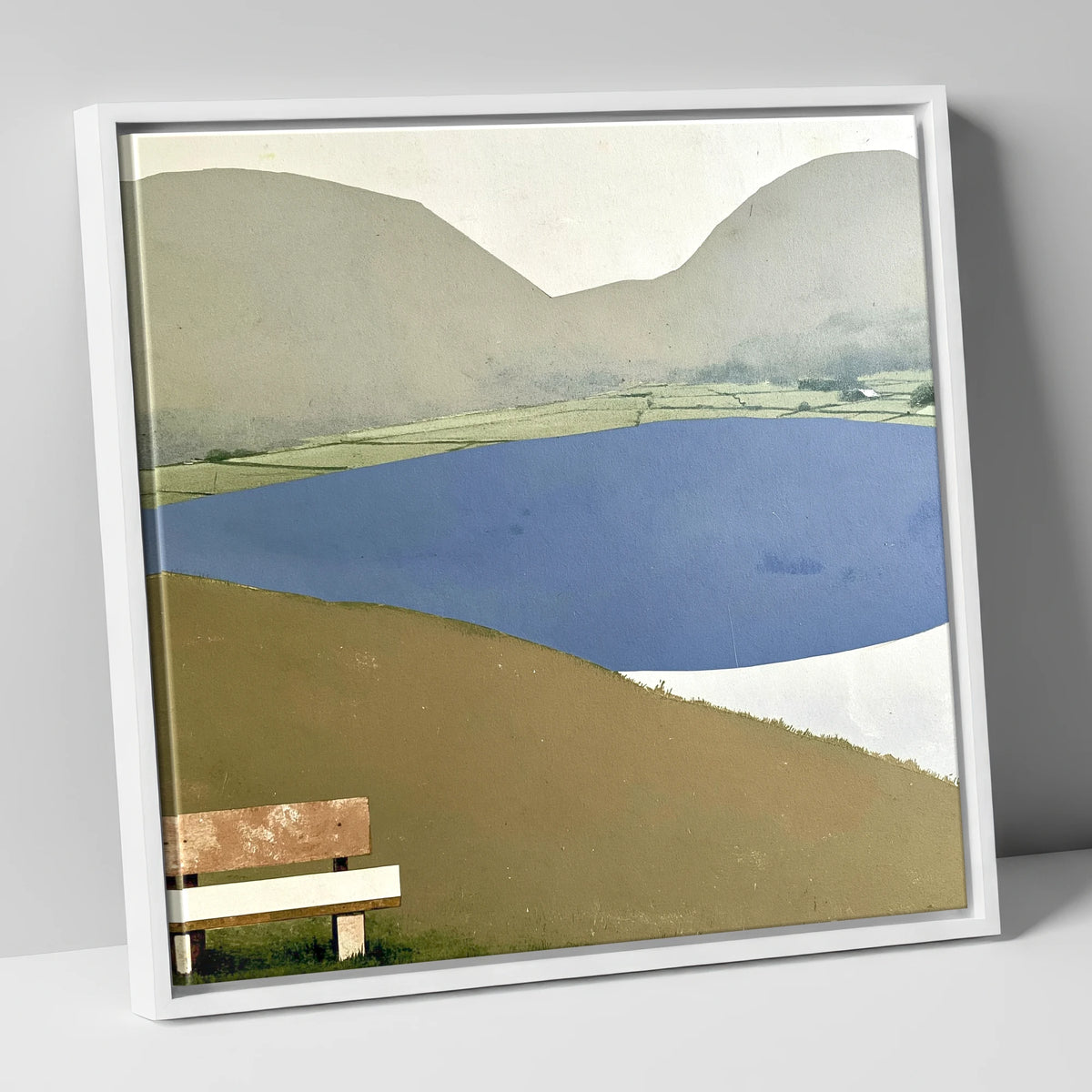 Bench Above Slate Blue Loweswater lake district lake canvas wall art in white frame