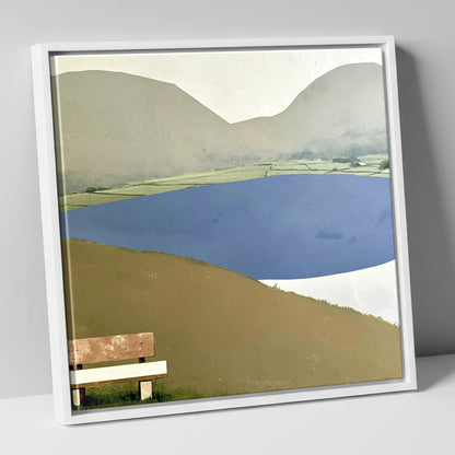 Bench Above Slate Blue Loweswater lake district lake canvas wall art in white frame