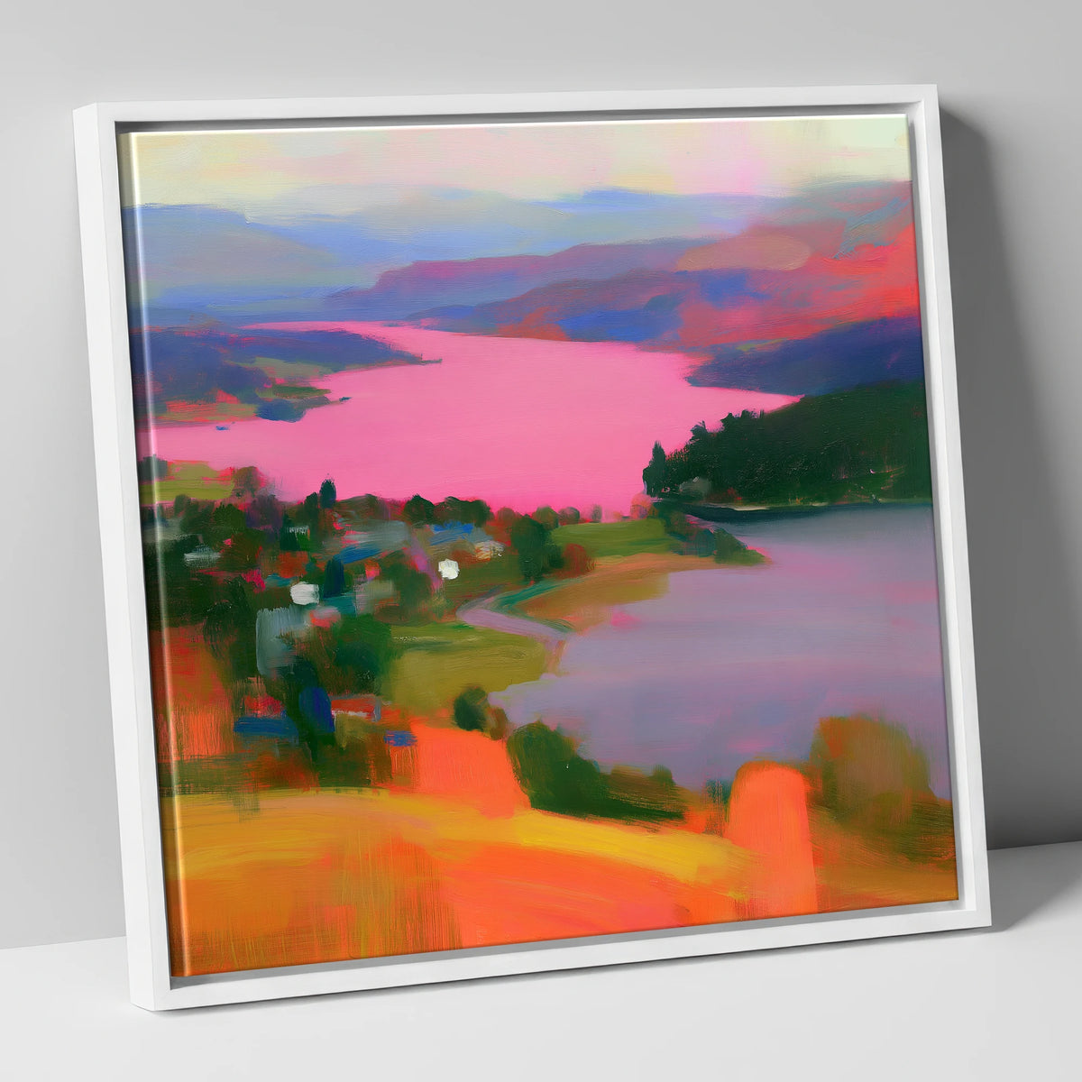 Ambleside Over Pink Waters lake district village canvas wall art in white frame