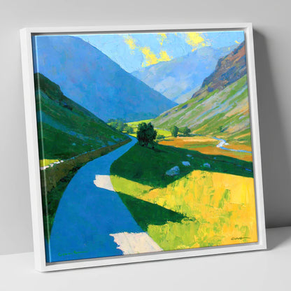 Winding Mountain Pass in Vivid Colour lake district valley canvas wall art in white frame