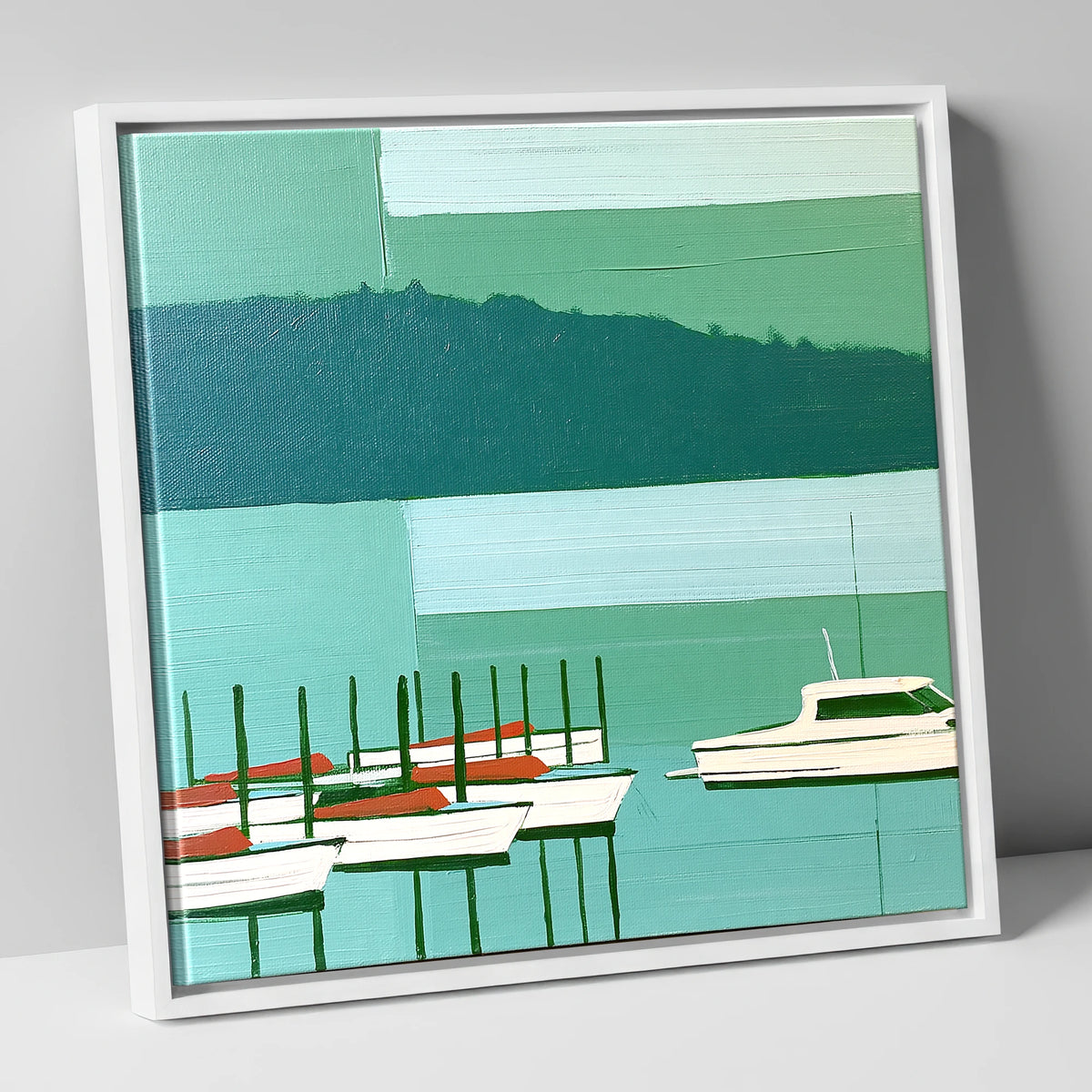 Moored Boats on a Teal Windermere lake district lake canvas wall art in white frame