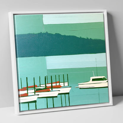 Moored Boats on a Teal Windermere lake district lake canvas wall art in white frame