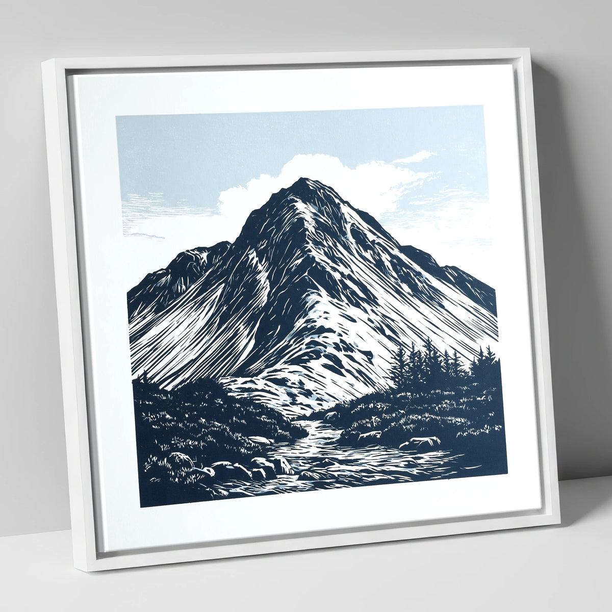 Great Gable in Deep Navy lake district fell canvas wall art in white frame