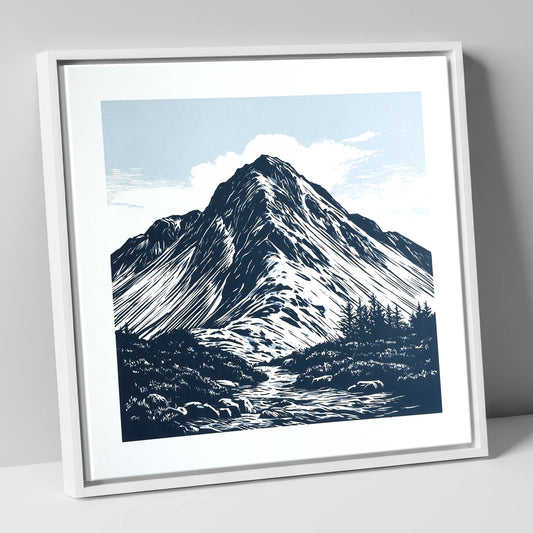 Great Gable in Deep Navy lake district fell canvas wall art in white frame