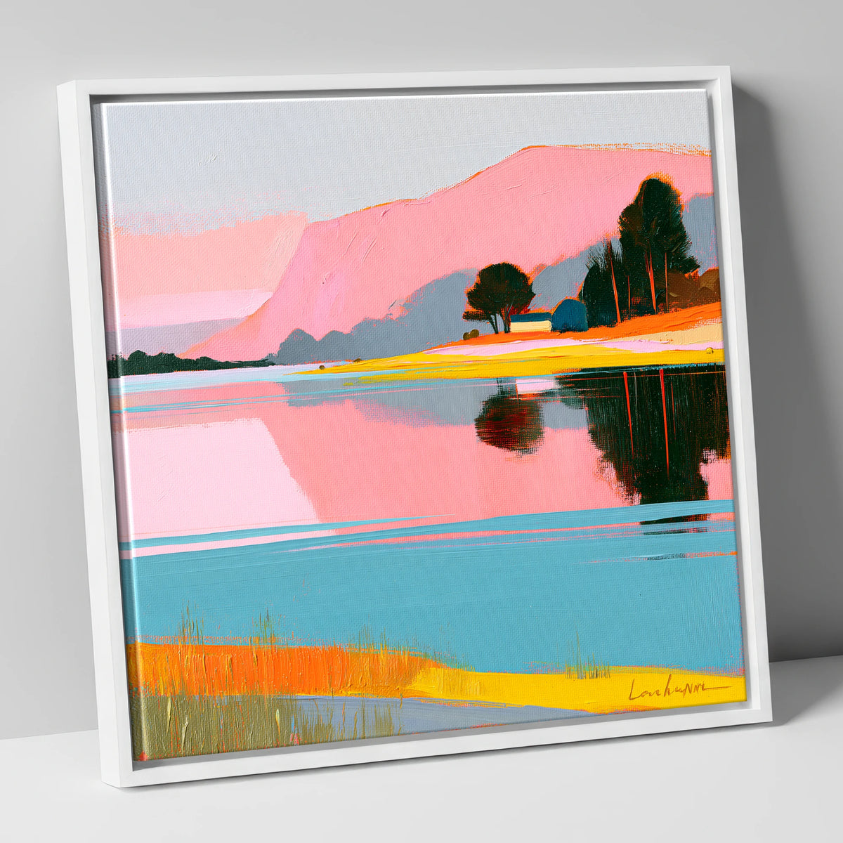 Still Lake and Pink Fells lake district lake canvas wall art in white frame