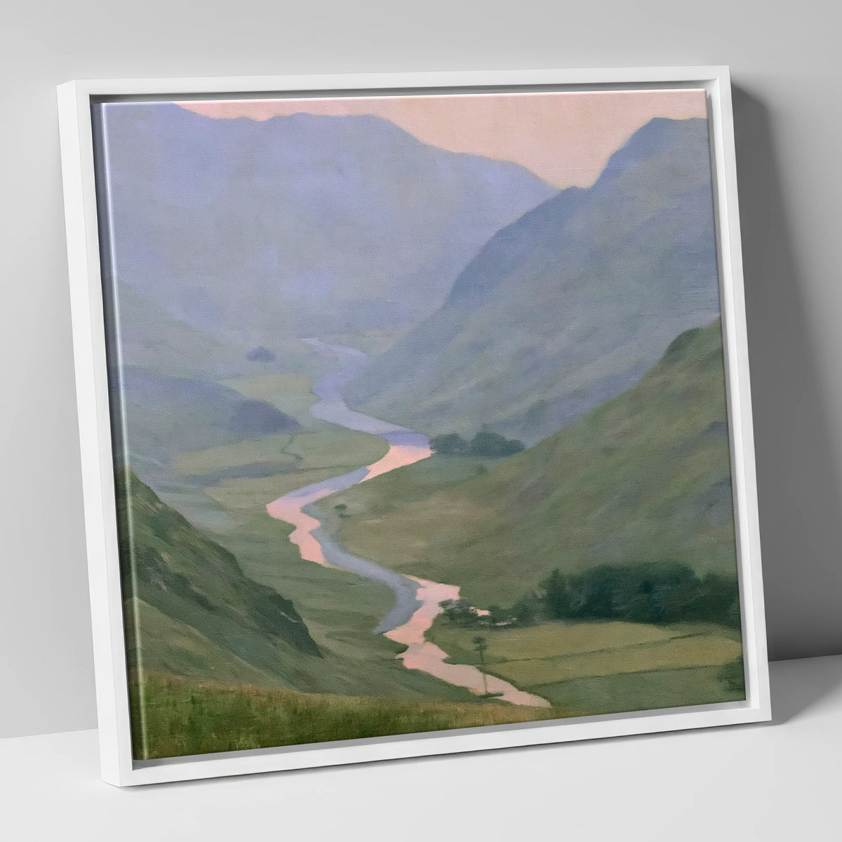 Winding River Valley at Dusk lake district waterfall canvas wall art in white frame