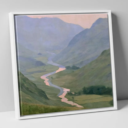 Winding River Valley at Dusk lake district waterfall canvas wall art in white frame