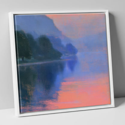 Misty Lake in Peach Light lake district lake canvas wall art in white frame