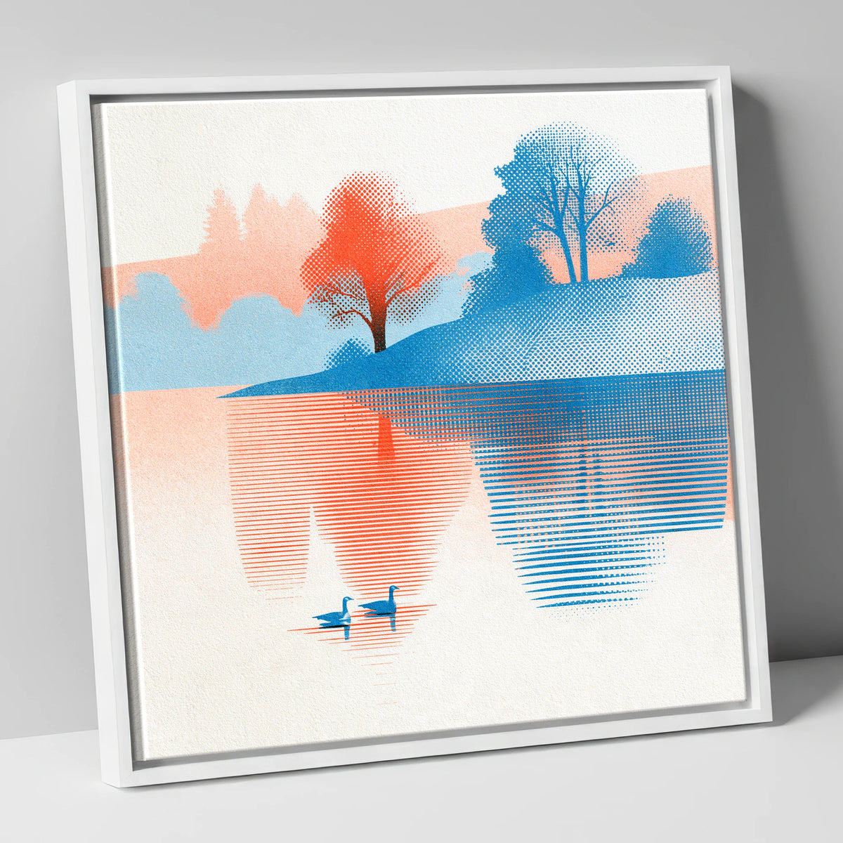 Still Lake at Coral Dawn lake district lake canvas wall art in white frame
