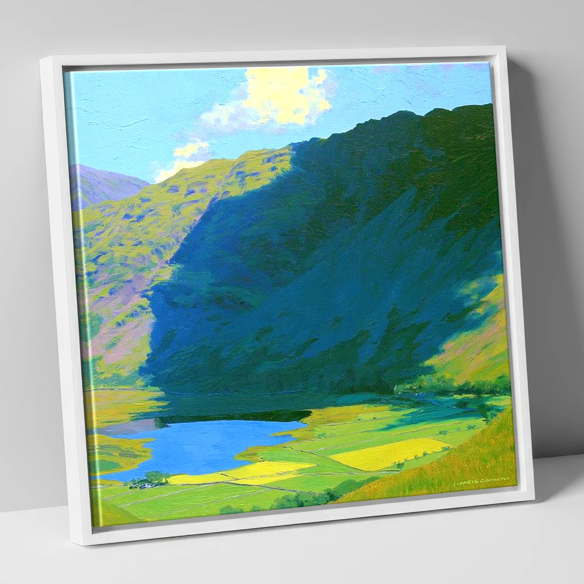Brock Crags over Sunlit Valley lake district fell canvas wall art in white frame