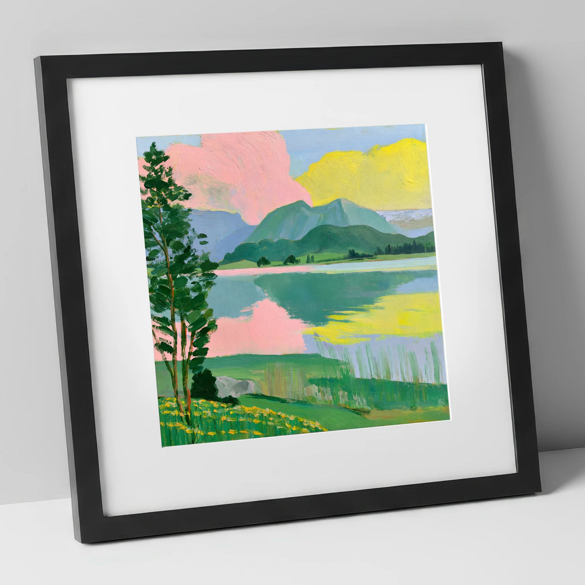 Vibrant Lake With Pink Clouds lake district lake art print in black frame