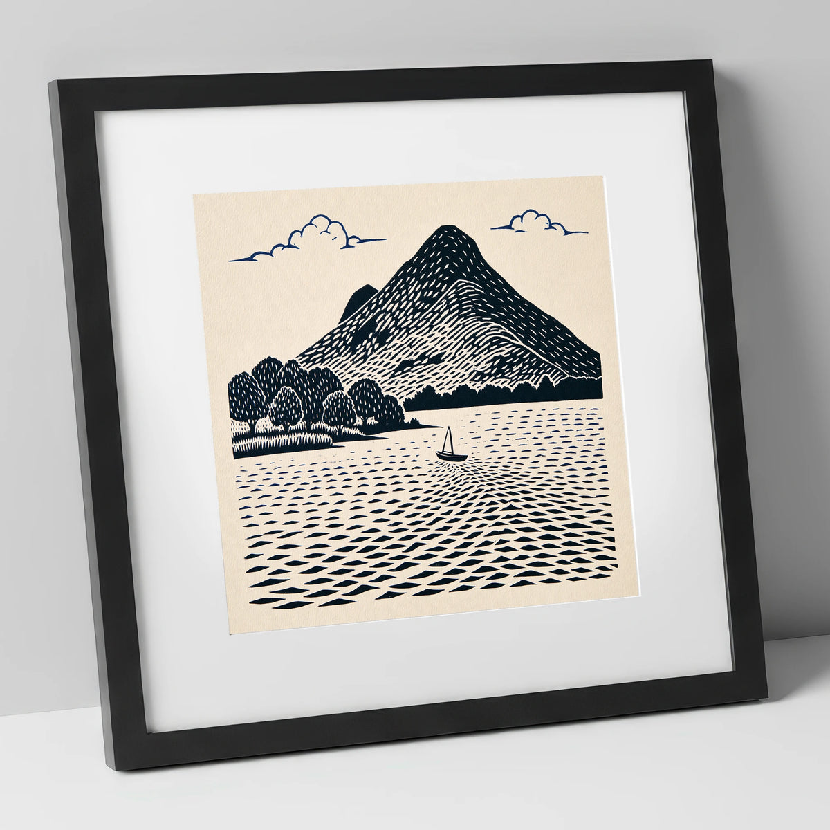 Graphic Catbells and Sailing Boat lake district fell art print in black frame