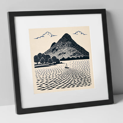 Graphic Catbells and Sailing Boat lake district fell art print in black frame