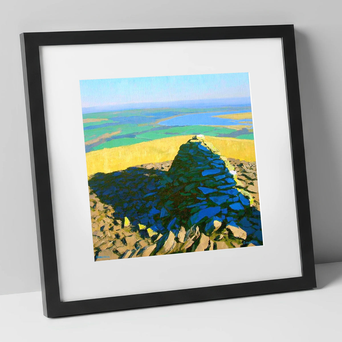 Vibrant Brae Fell Stone Cairn lake district fell art print in black frame