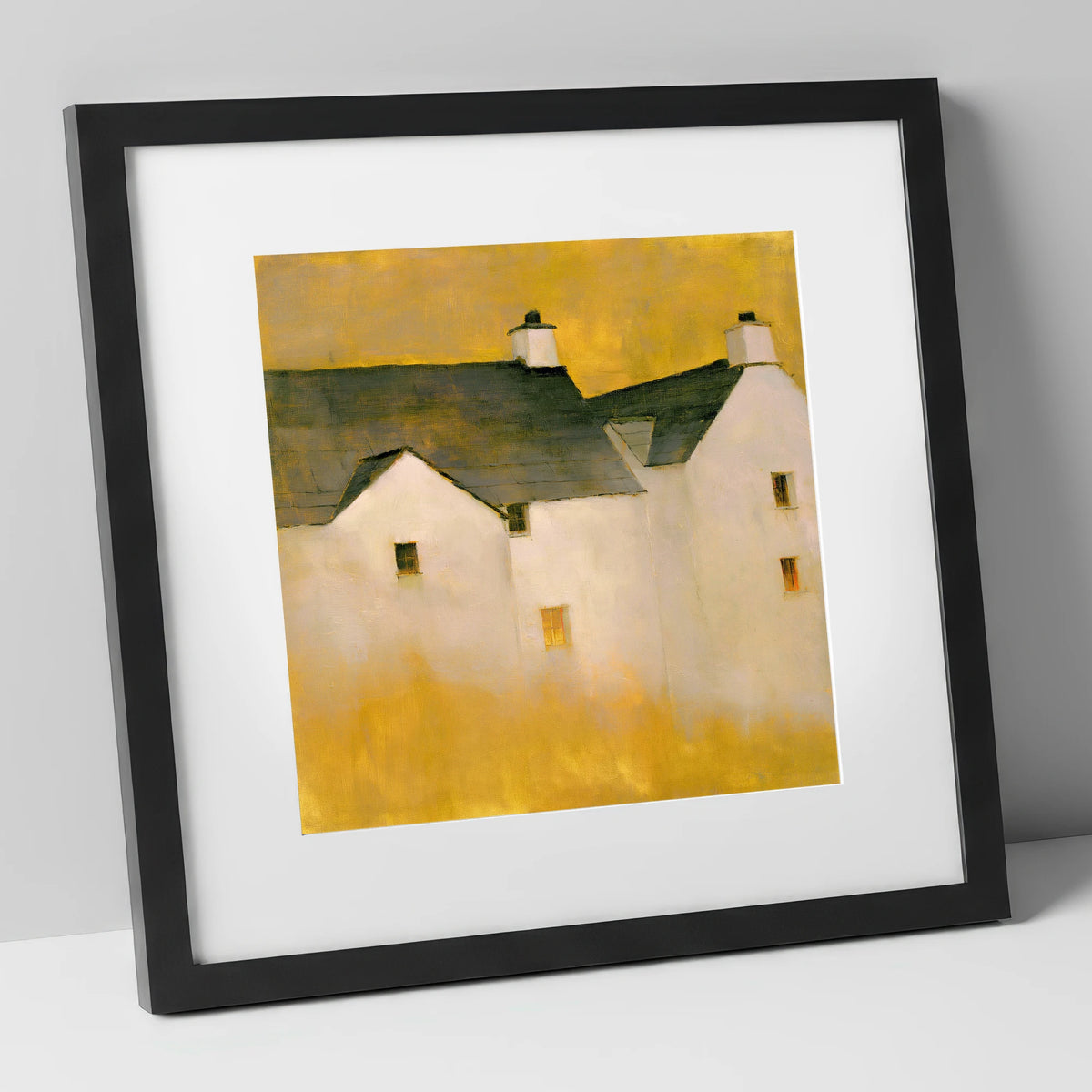 Slate Cottages In Golden Light lake district village art print in black frame
