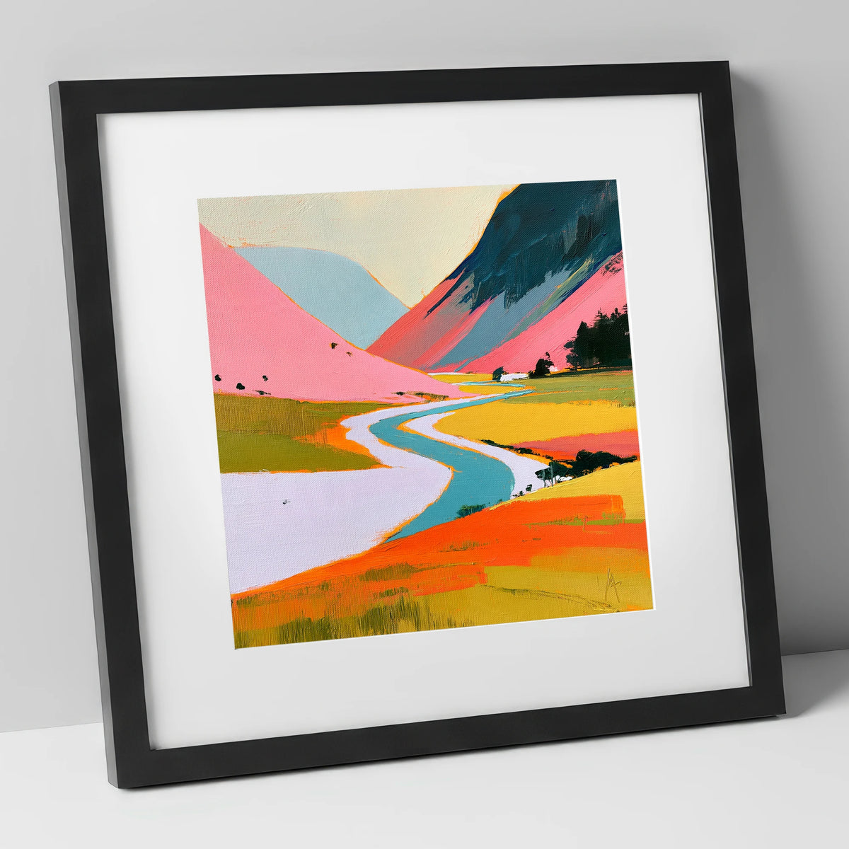 Winding River Through Pink Fells lake district waterfall art print in black frame