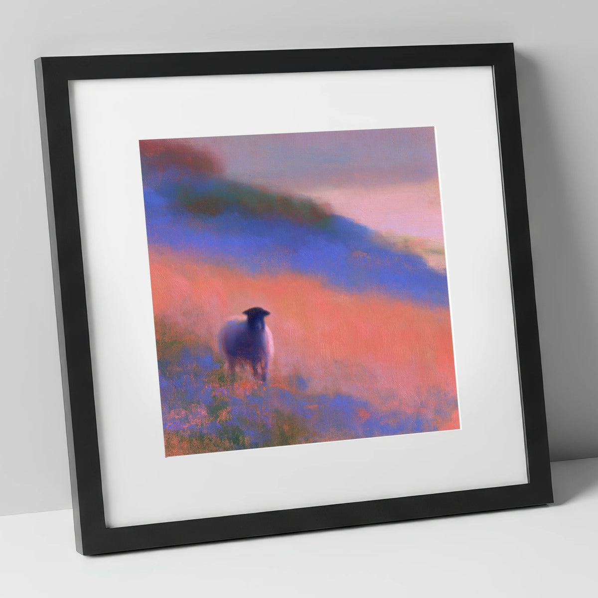 Herdwick Sheep in Twilight Mist lake district wildlife art print in black frame