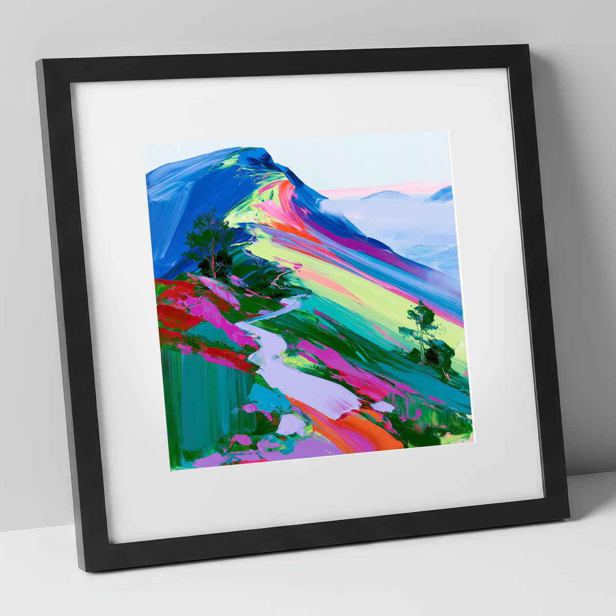 Colourful Mountain Ridge Path lake district fell art print in black frame