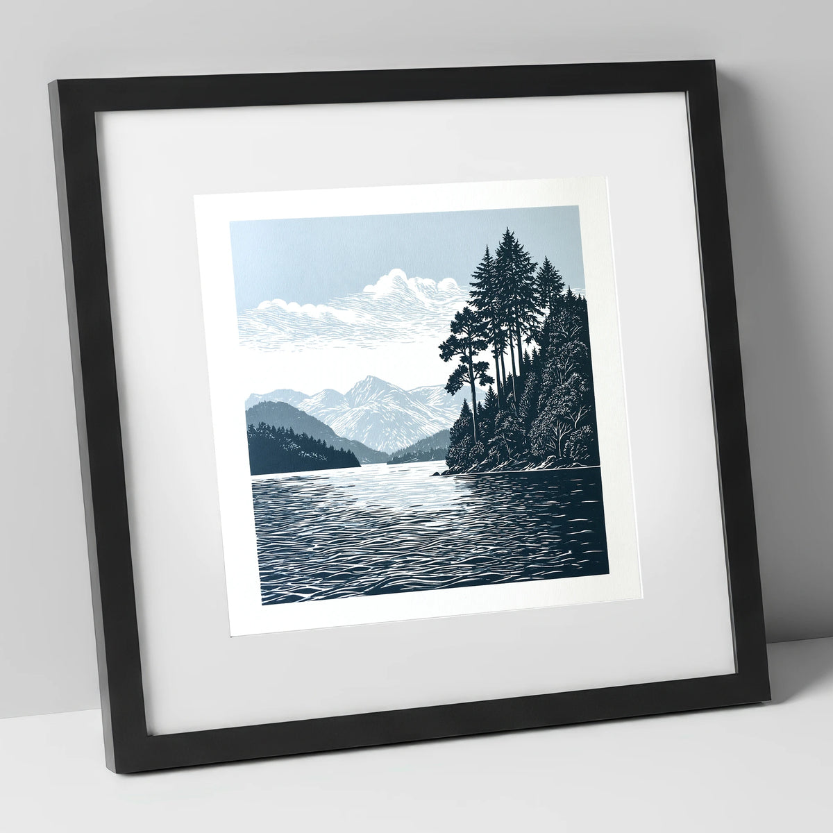 Windermere Shoreline in Deep Navy lake district lake art print in black frame