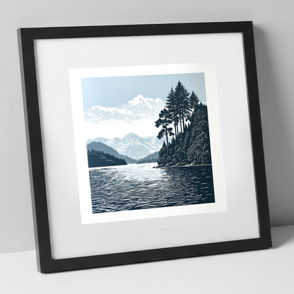 Windermere Shoreline in Deep Navy lake district lake art print in black frame
