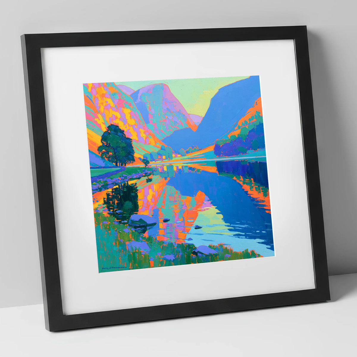 Vibrant Still Lake at Dawn lake district lake art print in black frame