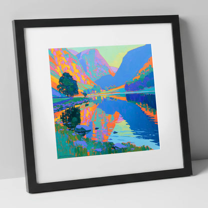 Vibrant Still Lake at Dawn lake district lake art print in black frame