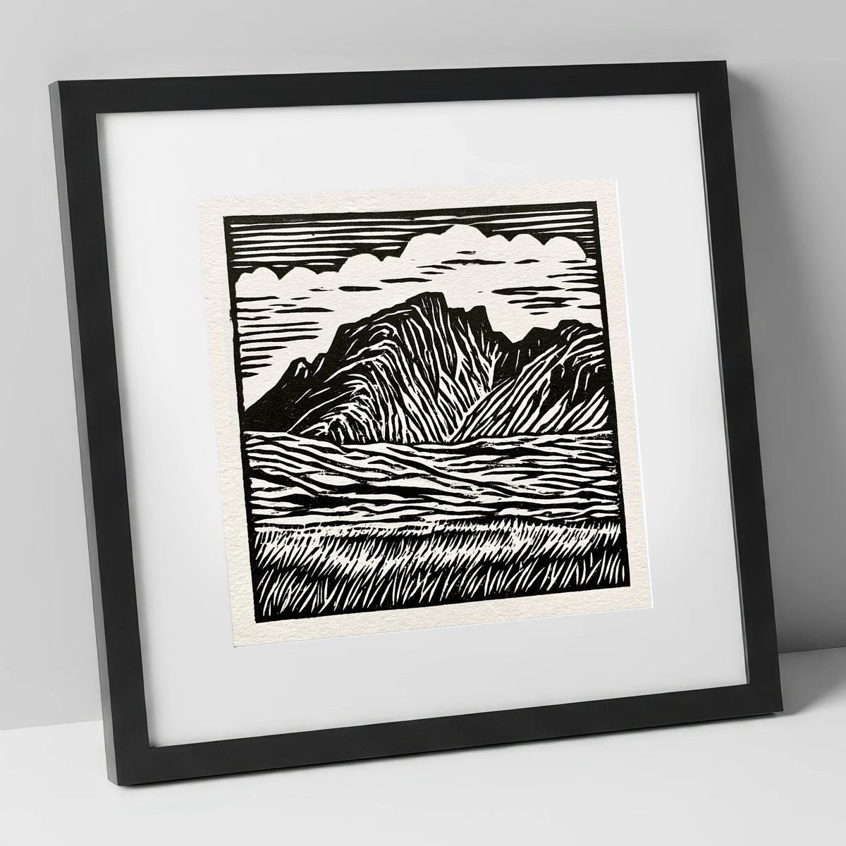 Scafell Pike in Bold Monochrome lake district fell art print in black frame