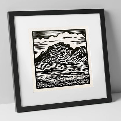 Scafell Pike in Bold Monochrome lake district fell art print in black frame