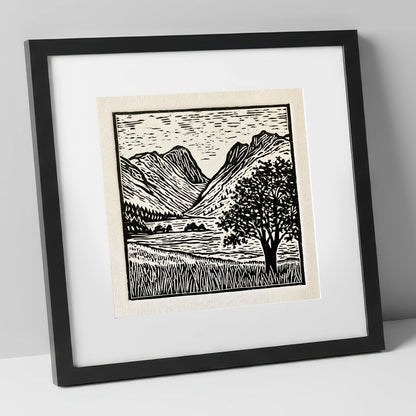 Langdale Pikes in Bold Monochrome lake district fell art print in black frame