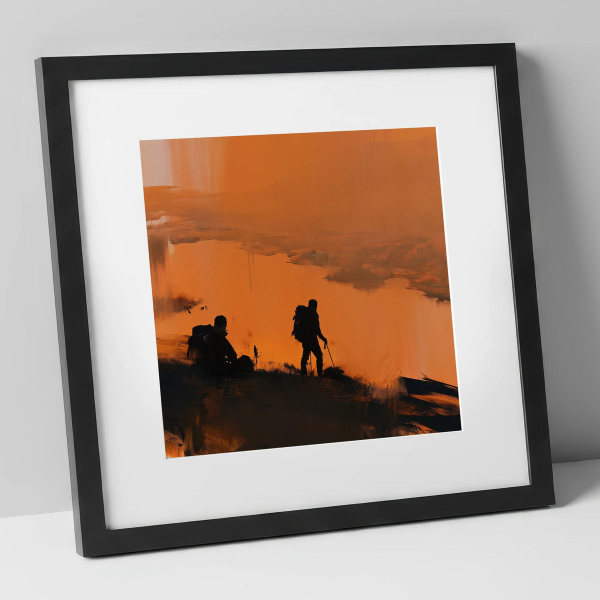 Catbells Walkers in Amber Light lake district fell art print in black frame