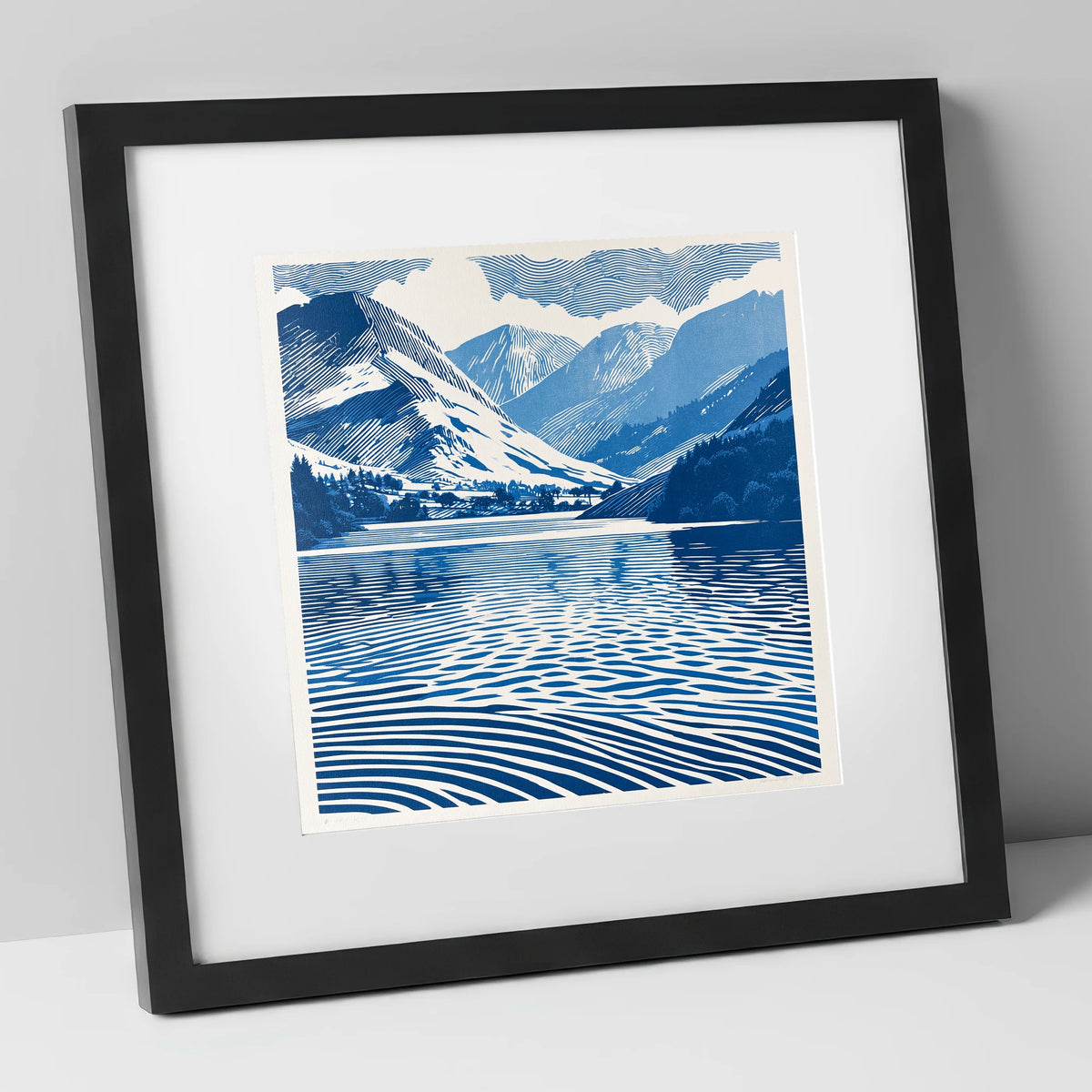 Cobalt Blue Lake And Fells lake district lake art print in black frame