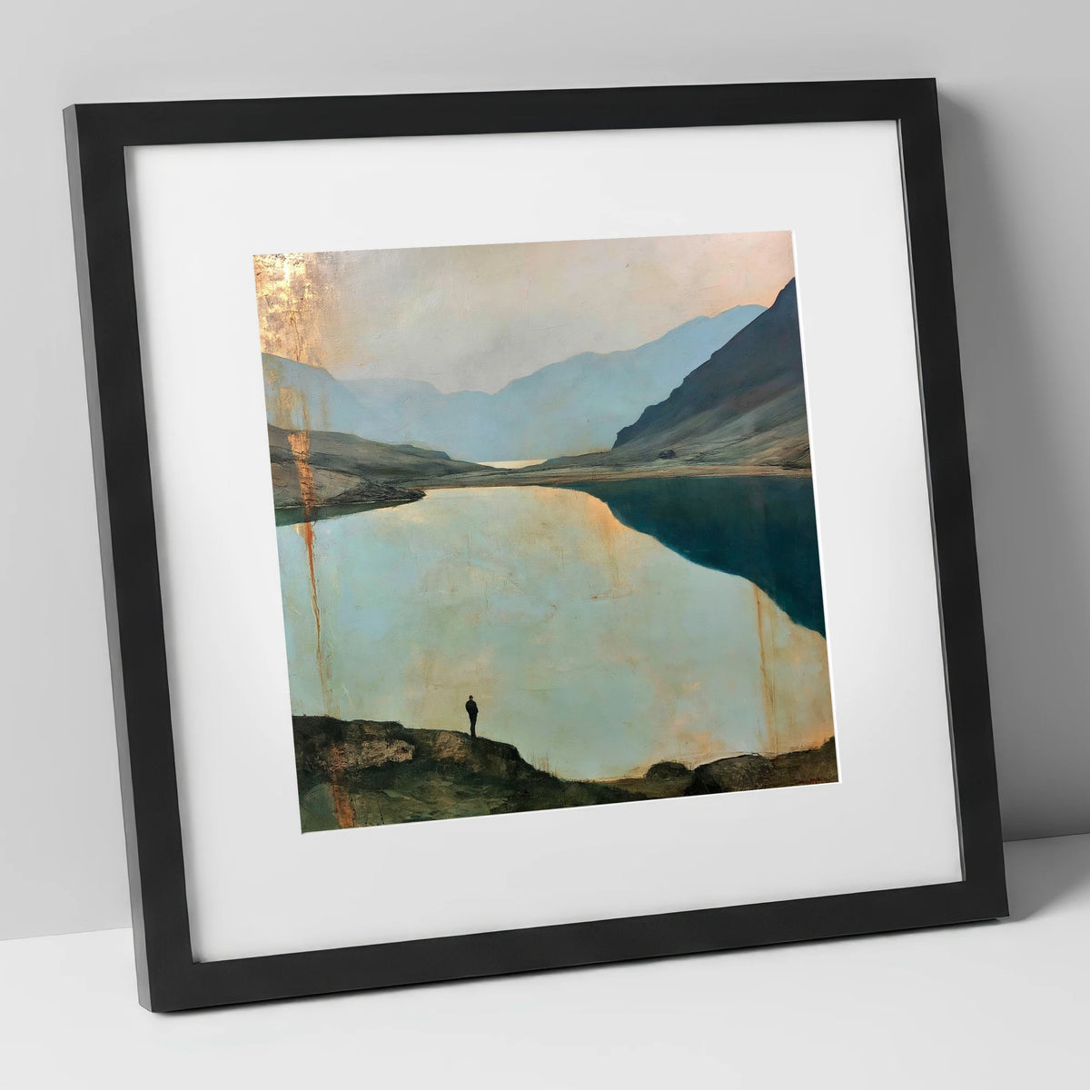 Silhouetted Walker at Innominate Tarn lake district fell art print in black frame