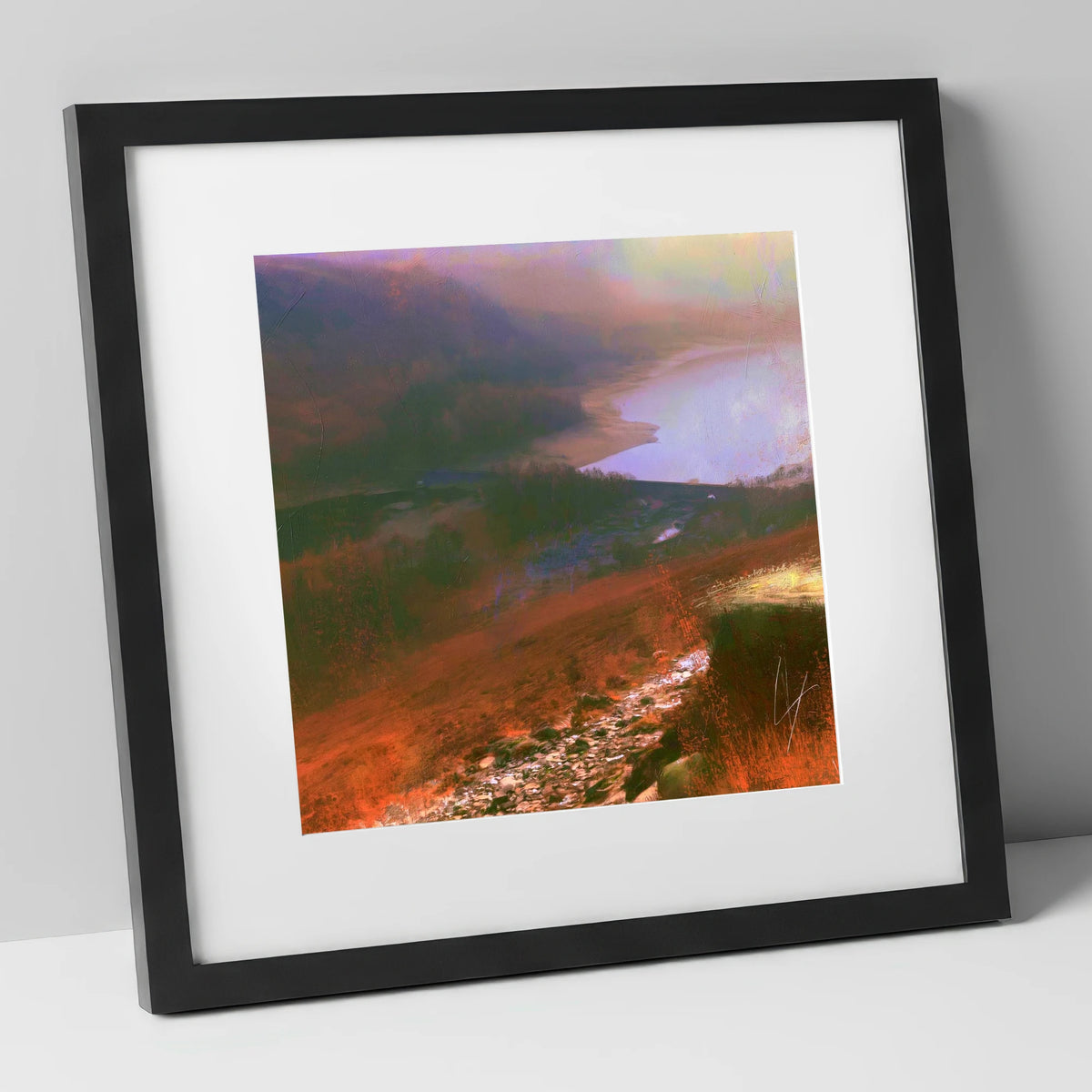 Descending Helvellyn Path to Thirlmere lake district lake art print in black frame