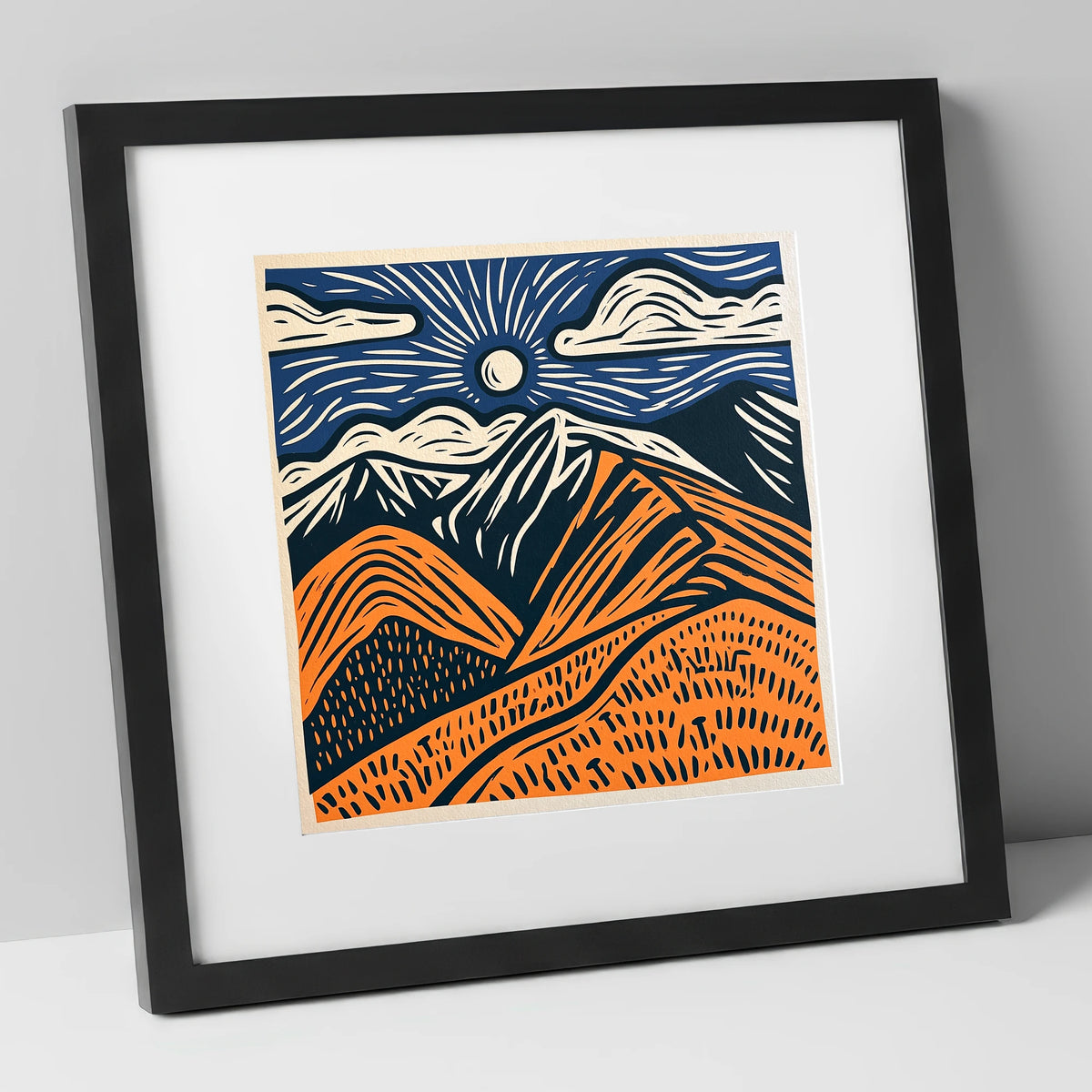 Blencathra in Terracotta and Navy lake district fell art print in black frame