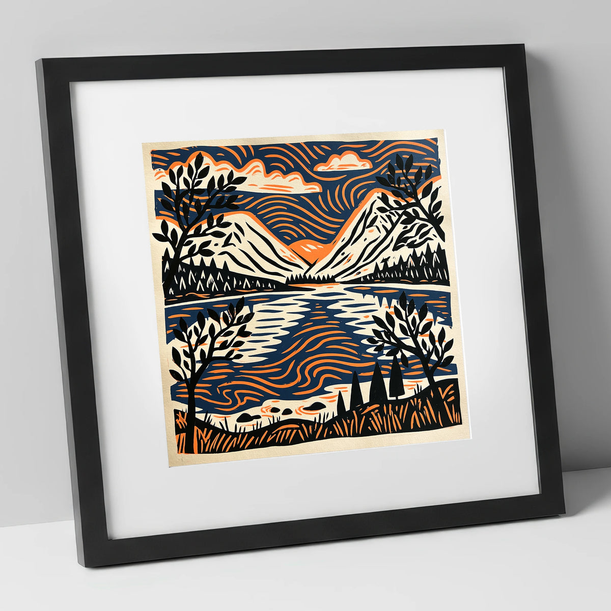 Lake Reflections in Navy and Orange lake district lake art print in black frame