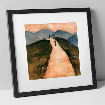 Walkers on a Warm Mountain Path lake district walking art print in black frame