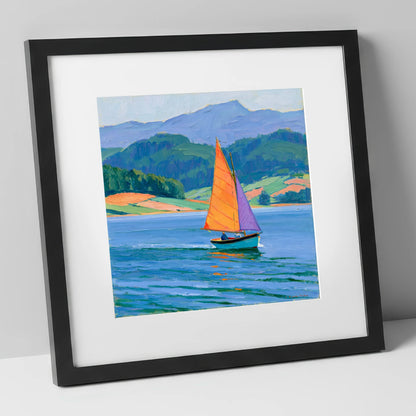 Sailing Boat on Breezy Lake lake district walking art print in black frame