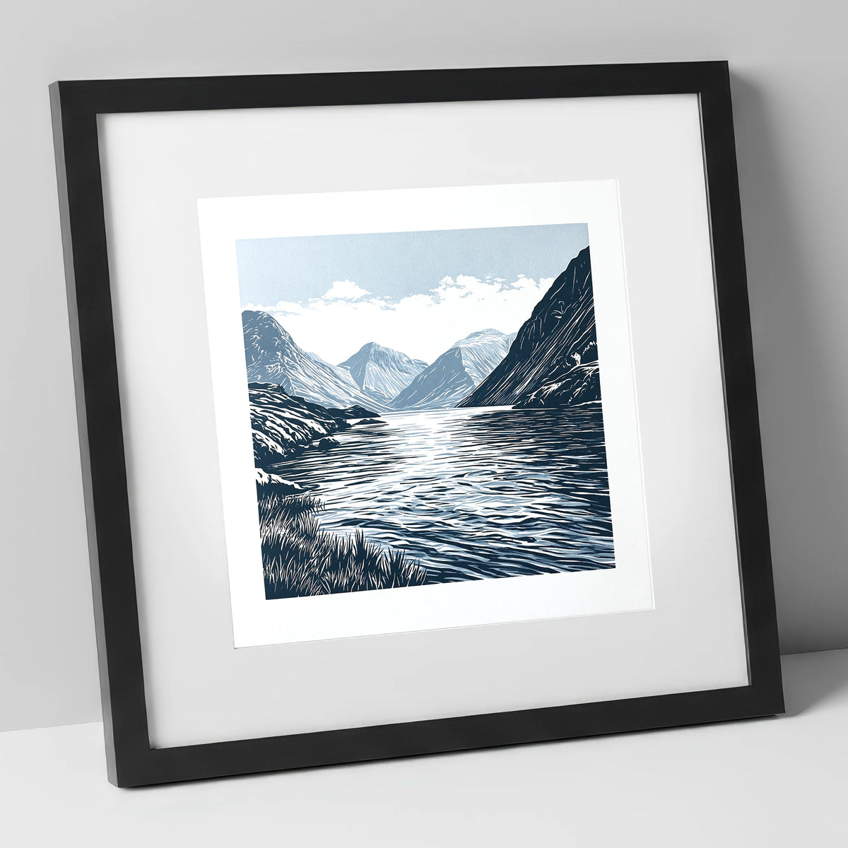 Wasdale Fells In Deep Navy lake district valley art print in black frame