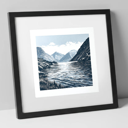 Wasdale Fells In Deep Navy lake district valley art print in black frame