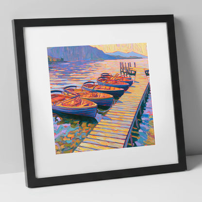 Vibrant Windermere Rowing Boats lake district lake art print in black frame