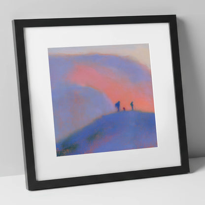Hikers on a Twilight Fell lake district fell art print in black frame