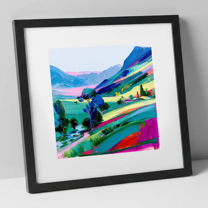 Vivid Morning Mist Valley lake district sky art print in black frame