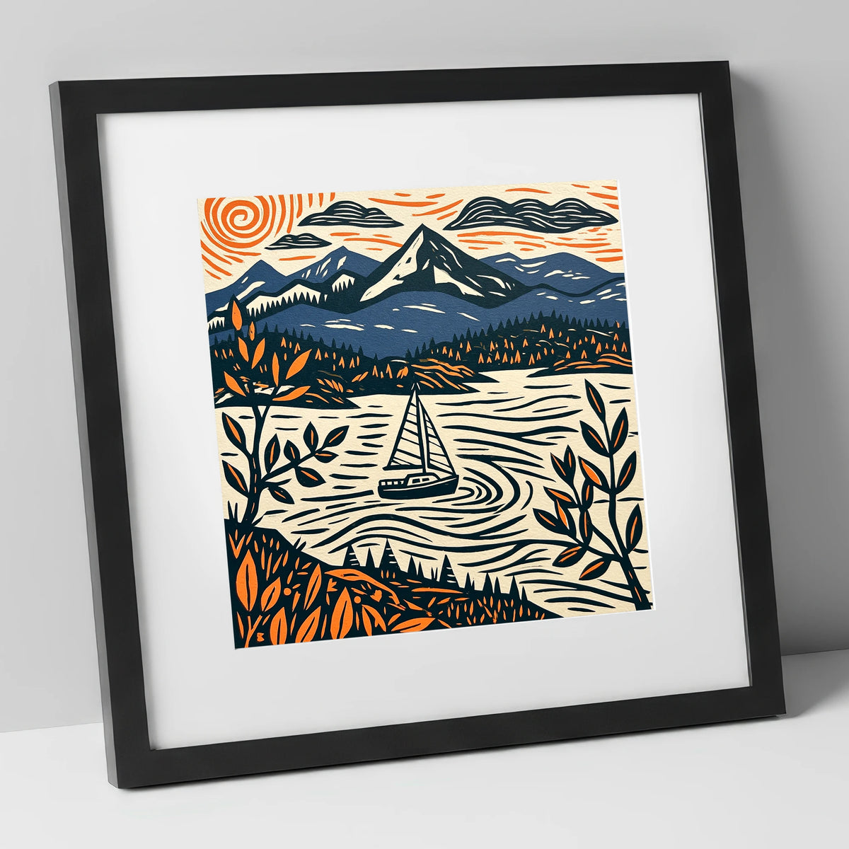 Navy and Orange Windermere Sailboat lake district lake art print in black frame