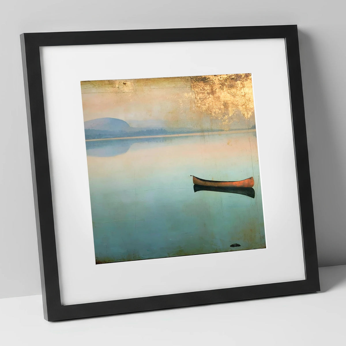 Windermere Canoe in Golden Haze lake district lake art print in black frame